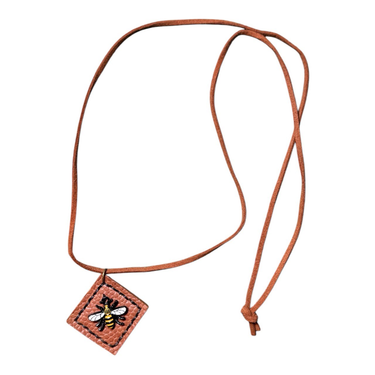 Bee embroidered handmade recycled leather necklace